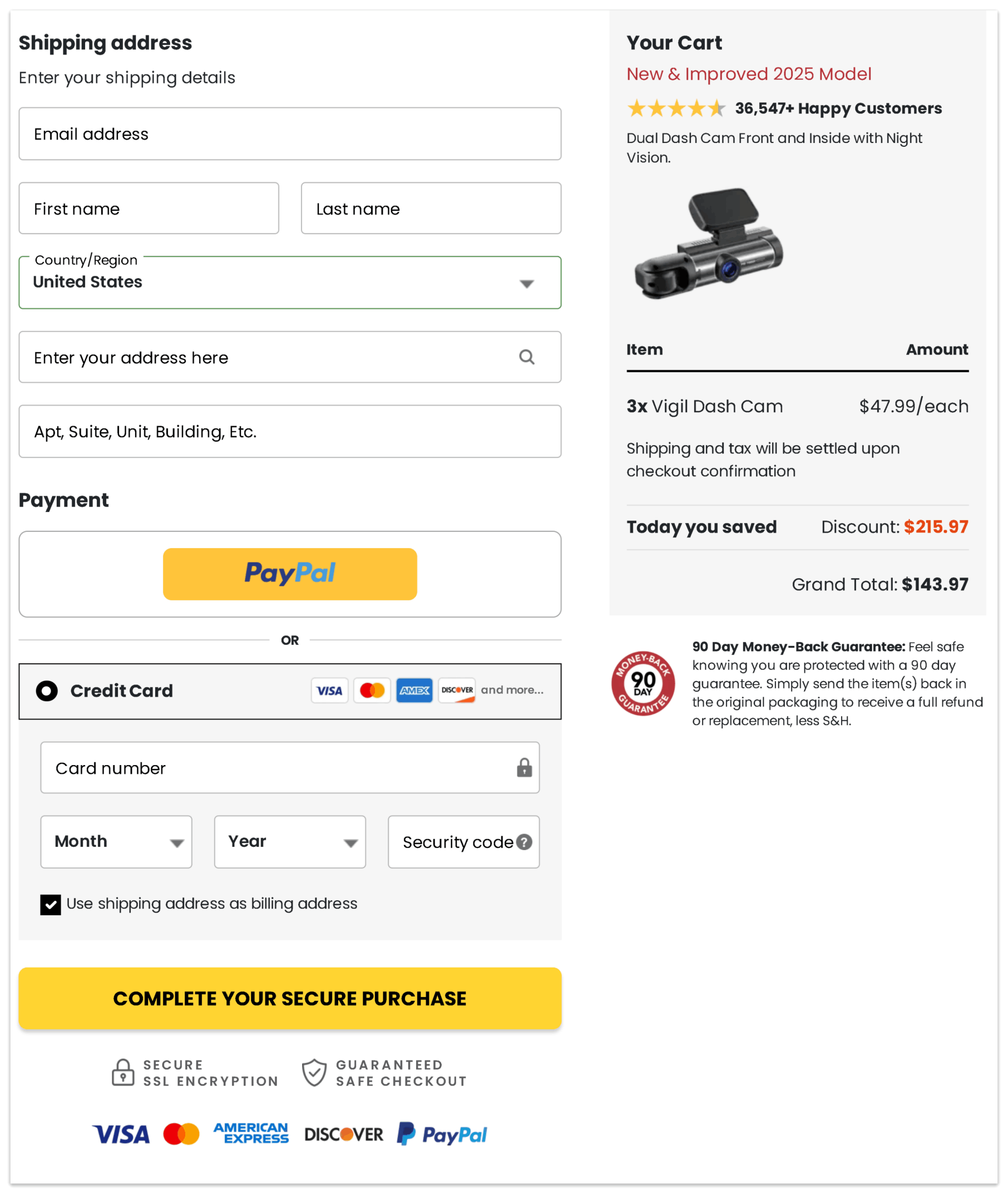 Vigil Dash Cam checkout page.